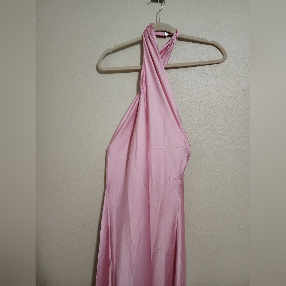 Show Me Your MuMu Jasmine Halter Maxi Light Pink Luxe Satin Dress M Wedding Prom - Picture 9 of 11